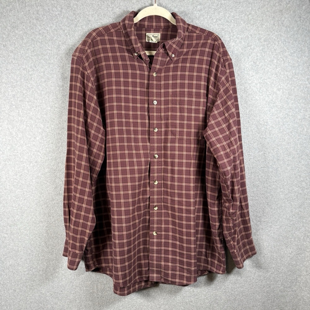 L.L. Bean Men's Large Tall Maroon Button Down Long Sleeve Checkered